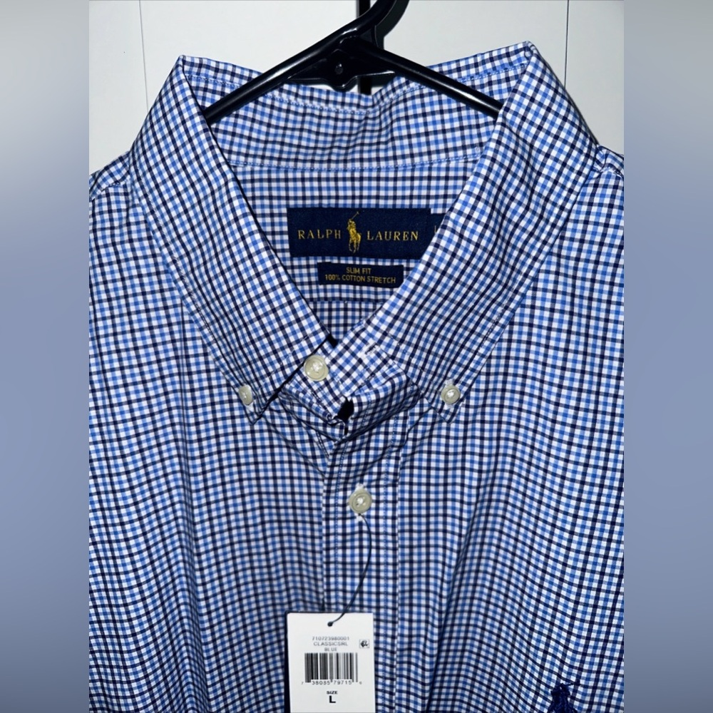 NWT Ralph Lauren Men’s Slim Fit Blue Short Sleeve Gingham Shirt Size Large